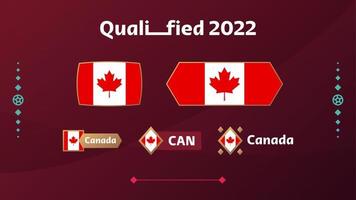 Satz von Kanada-Flagge und Text auf dem Hintergrund des Fußballturniers 2022. Vektor-Illustration Fußballmuster für Banner, Karten, Website. Nationalflagge Kanada vektor