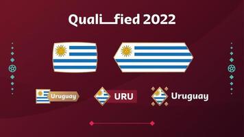 Satz von Uruguay-Flagge und Text auf dem Hintergrund des Fußballturniers 2022. Vektor-Illustration Fußballmuster für Banner, Karten, Website. Nationalflagge Uruguay vektor