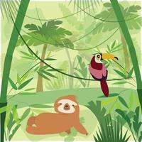 grön färg exotisk illustration platt tropisk fågel och lemur vektor