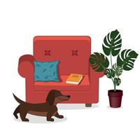 Home Interior Sessel, Blume und Hund, Farbvektorillustration flach vektor