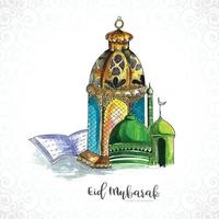 hand zeichnen arabische lampen und moschee eid mubarak kartendesign