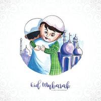 muslimische kinder, die sich umarmen und eid mubarak feierhintergrund wünschen vektor