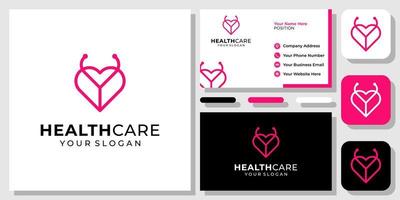 stethoskop liebe herz gesundheitswesen menschliches medizinisches krankenhaus logo design mit visitenkartenvorlage vektor