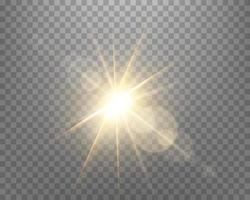 solljusobjektiv, solblixt med strålar och spotlight. guld glödande burst explosion på en transparent bakgrund. vektor illustration.