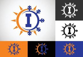 Anfangsbuchstabe i-Monogrammalphabet mit abstrakter Sonne und Schnee. Symbol für das Logo der Klimaanlage. Heißes und kaltes Symbol. vektor