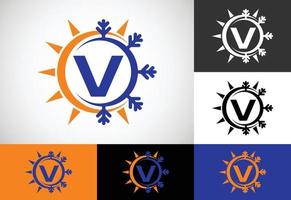 anfängliches v-monogrammalphabet mit abstrakter sonne und schnee. Symbol für das Logo der Klimaanlage. Heißes und kaltes Symbol. vektor