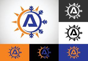 initiala ett monogram alfabet med abstrakt sol och snö. luftkonditionering logotyp tecken symbol. varm och kall symbol. vektor
