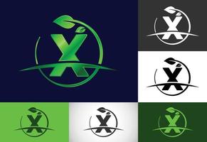 anfängliches x-monogrammalphabet mit kreisblatt und swoosh. umweltfreundliches logo-konzept. modernes Vektorlogo für ökologische Geschäfts- und Firmenidentität vektor