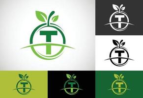 anfängliches t-monogrammalphabet mit dem abstrakten apfellogo. Logo-Design-Vektor für gesunde Lebensmittel