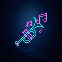 Neon-Trompete und Notensymbol sehen klar aus. Symbol für Neonlinie. Symbol für Unterhaltung und Karaoke-Musik. Neon-Symbol. vektor