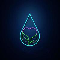 neonwassertropfen, herz und blattsymbol sehen klar aus. Symbol für Neonlinie. Symbol für vegane Gesundheit und Flüssigkeit. Neon-Symbol. vektor