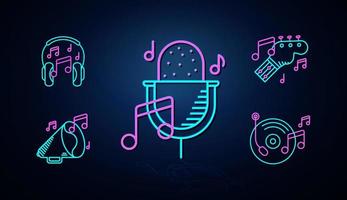 Symbole wie neonfarbenes Mikrofon, Klavier, Gitarre und Musiknote erscheinen klar. Symbol für Neonlinie. Unterhaltungs- und Karaoke-Musik-Icon-Set. Neon-Icon-Set.