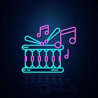 Neontrommel, Snare-Drum und Notensymbol sehen klar aus. Symbol für Neonlinie. Symbol für Unterhaltung und Karaoke-Musik. Neon-Symbol.