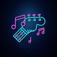 Neonfarbe Gitarre und Musiknotensymbol sieht klar aus. Symbol für Neonlinie. Symbol für Unterhaltung und Karaoke-Musik. Neon-Symbol. vektor