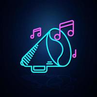 Neonlautsprecher und Musiknotensymbol sehen klar aus. Symbol für Neonlinie. Symbol für Unterhaltung und Karaoke-Musik. Neon-Symbol.