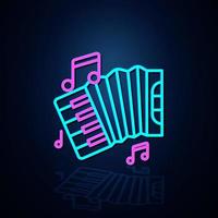 Neon-Akkordeon-Instrument und Notensymbol an. Symbol für Neonlinie. Symbol für Unterhaltung und Karaoke-Musik. Neon-Symbol. vektor