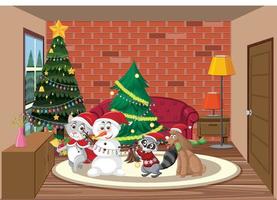 Weihnachtsferien mit Schneemann und Baum vektor