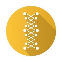dna dubbel helix gul platt design lång skugga glyfikon. sammankopplade punkter, linjer. deoxiribonuklein, nukleinsyra. kromosom. molekylärbiologi. genetisk kod. genetik. vektor siluett illustration