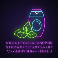 Symbol für Neonlicht der Duschgelflasche. Schaumbad. Duschgel. Hautpflege. Schönheitsprodukt. Shampoo. Bio-Kosmetik. leuchtendes zeichen mit alphabet, zahlen und symbolen. vektor isolierte illustration