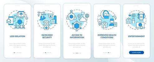 vorteile von energiediensten und re blue onboarding mobiler app-bildschirm. Komplettlösung 5 Schritte grafische Anleitungsseiten mit linearen Konzepten. ui, ux, gui-Vorlage. Unzählige pro-fette, normale Schriftarten werden verwendet vektor