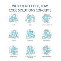 Web 3 0 türkisfarbene Konzeptsymbole gesetzt. einfache Softwareentwicklung. keine Code-Idee dünne Linien-Farbabbildungen. isolierte Umrisszeichnungen. editierbarer Strich. Roboto-Medium, unzählige pro-fette Schriftarten verwendet vektor