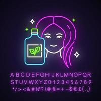 Neonlicht-Symbol für natürliche Shampoo-Flasche. Haarpflegeprodukt. Hygiene. hypoallergen, auf botanischer Basis. Bio-Kosmetik. leuchtendes zeichen mit alphabet, zahlen und symbolen. vektor isolierte illustration