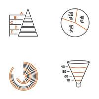 diagramm und diagramm lineare symbole gesetzt. Tortendiagramm. Pyramidendiagramm. Polaruhr. Trichter-Infografik. Marketing-Umwandlung. dünne Linienkontursymbole. isolierte vektorumrissillustrationen. editierbarer Strich vektor