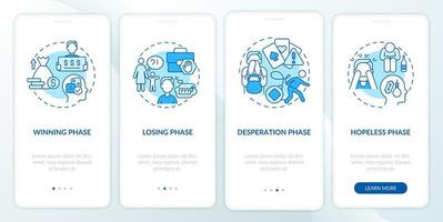 phasen der spielsucht blauer onboarding-bildschirm der mobilen app. Unordnung Komplettlösung 4 Schritte grafische Anleitungsseiten mit linearen Konzepten. ui, ux, gui-Vorlage. Unzählige pro-fette, normale Schriftarten werden verwendet vektor