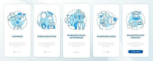 glücksspiel positive merkmale blauer onboarding-bildschirm der mobilen app. Unterhaltung Komplettlösung 5 Schritte grafische Anleitungsseiten mit linearen Konzepten. ui, ux, gui-Vorlage. Unzählige pro-fette, normale Schriftarten werden verwendet vektor