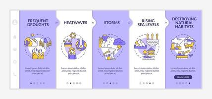 auswirkungen des klimawandels lila und weiße onboarding-vorlage. Responsive mobile Website mit linearen Konzeptsymbolen. Webseiten-Komplettlösung 5-Schritt-Bildschirme. lato-fett, normale Schriftarten verwendet vektor