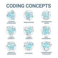 Kodierung türkisfarbener Konzeptsymbole gesetzt. Softwareentwicklung Jobidee dünne Linie Farbabbildungen. isolierte Umrisszeichnungen. editierbarer Strich. Roboto-Medium, unzählige pro-fette Schriftarten verwendet vektor