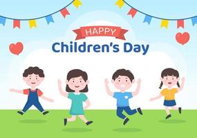 glad barns dag firande med pojkar och flickor som leker i seriefigurer bakgrundsillustration lämplig för gratulationskort eller affischer vektor