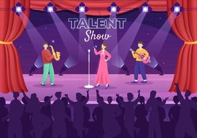 talentshow mit teilnehmern, die ihre fähigkeiten auf der bühne oder dem podium vor richtern zeigen, die sie in zeichentrickillustrationen beurteilen vektor