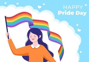 glücklicher stolzmonatstag mit lgbt-regenbogen- und transgenderflagge zur parade gegen gewalt, diskriminierung, gleichheit oder homosexualität in karikaturillustration vektor