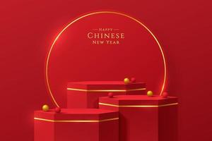 realistiskt rött, guld 3d hexagon stativ eller podium set med gyllene cirkel ring scen. minimal scen för kinesiskt nyår. scen showcase, marknadsföring produkter display. vektor abstrakt rum, geometriska former.