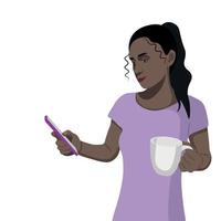 dunkelhäutiges Mädchen mit einem Telefon in der einen und einer Tasse in der anderen Hand, flacher Vektor auf weißem Hintergrund, Blogger, Meinungsführer, einflussreiche Person