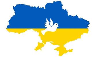 Ukraina land på blå, gul karta med duva siluett ikon. ukrainsk karta med duva symbol för frihet, fred. ukrainskt territorium form med gräns piktogram. isolerade vektor illustration.
