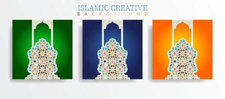 ställ in gratulationskort islamisk bakgrundsmall med designteknik gjord med textur och dekorativa färgglada detaljer av islamisk konst ornament blommosaik vektorillustration vektor