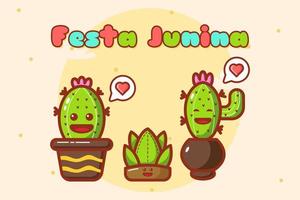 festa junina mit süßem kawaii kaktus mit liebe vektor