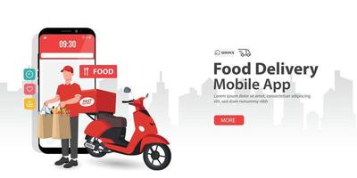 Lieferung Food Service Kurier- und Rollerversand mit einem mobilen Smartphone vektor