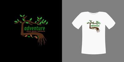 t-shirt designvektor, med trädbild på mörkt eller ljust tyg med äventyr älskar naturens text, anpassningsbar för olika bakgrundsfärger vektor