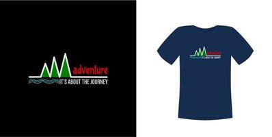 T-Shirt-Designvektor, mit einer Illustration von drei Bergen und blauen Wellen auf einem dunklen Farbtuch mit dem Textabenteuer, es geht um die Reise, kann für andere unterschiedliche Hintergründe angepasst werden vektor