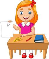 tecknad liten flicka håller papper med ett plusbetyg vektor