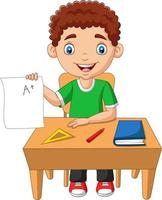 tecknad liten pojke håller papper med ett plusbetyg vektor