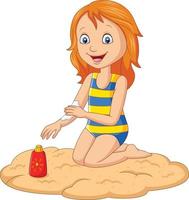 Kleines Mädchen in einem Badeanzug, das Sonnencreme auf den Arm aufträgt vektor
