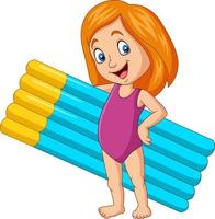 tecknad flicka i en baddräkt som håller uppblåsbar madrass vektor