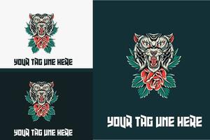 Kopf, weißer Tiger und rote Rose, Vektorgrafik-Design vektor