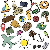 farbige Sommerreisesymbole. reiseurlaub satz von symbolen, reise und reisehintergrund. Reisesymbole auf weißem Hintergrund vektor