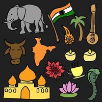 farbige indische Vektorsymbole. Hintergrund mit indischen Ikonen des Gekritzels. Sie können dies als Hintergrund für eine Hochzeitskarte oder einen Gruß verwenden vektor