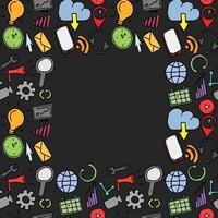 färgade sömlösa doodle mönster med företag och teknik set ikoner. doodle vektor affärsikoner på mörk bakgrund med plats för text